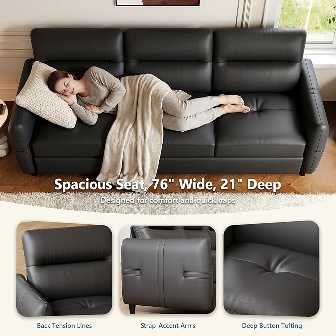 STHOUYN 85” Black Faux Leather Couch with USB 3 Seater Sofa for Living Room Large Mid Century Modern Office Couch for Apartment Bedroom
