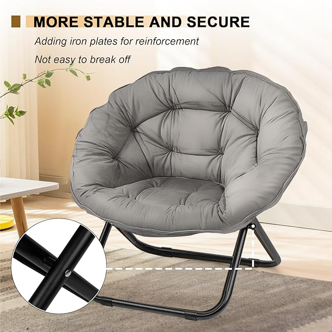 Folding Saucer Chair Lazy Moon Chair with Metal Frame Comfy Bedroom Chairs for Bedroom Living Room Study Grey JC