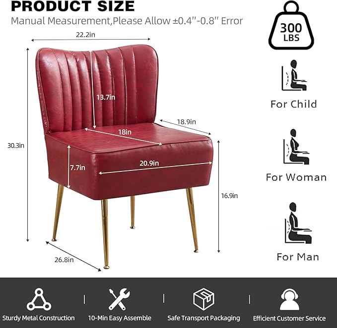 Modern PU Leather Accent Chair Upholstered Armless Wingback Side Chair with Golden Legs Comfy Single Sofa Cute Slipper Corner Chair for Living Room Bedroom Entryway Wine Red