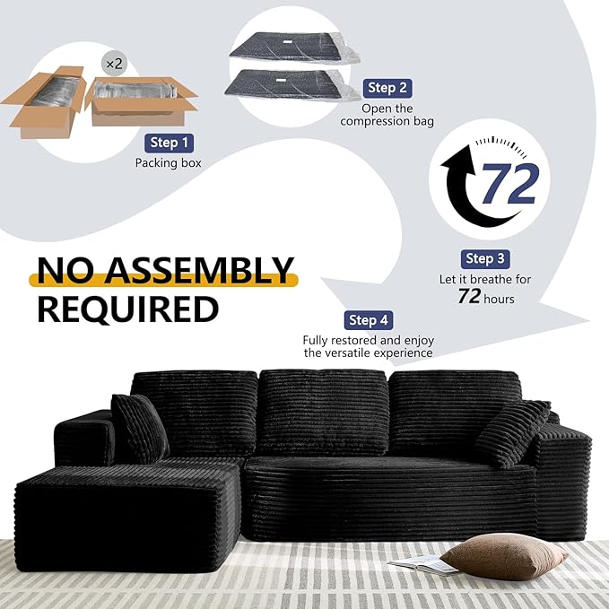 104 L-Shape Couch Modular Sectional Sofa Couches 3 Seat Modular Sofa Corduroy Couch for Living Room Cloud Couch with Oversized Chaise Deep Seat No Assembly Required (Black Left Facing Chaise)