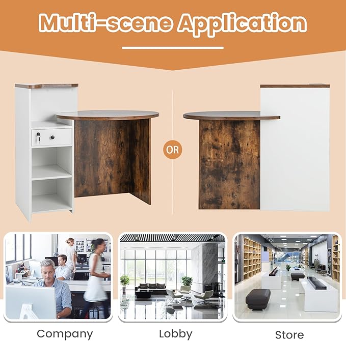 MAT EXPERT Reception Desk Front Desk with Open Shelves Lockable Drawer Round Tabletop Checkout Counter Retail Counter Computer Workstation for Office (White Cabinet &amp Rustic Brown Desktop)