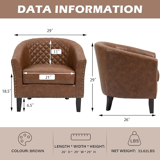 UIXE Faux Leather Barrel Accent Chairs Set of 4 Modern Club Upholstered Arm Chair Comfy Armchair Nailed Trim Living Room Single Sofa Reading Seat Bedroom Side Sitting for Office Brown