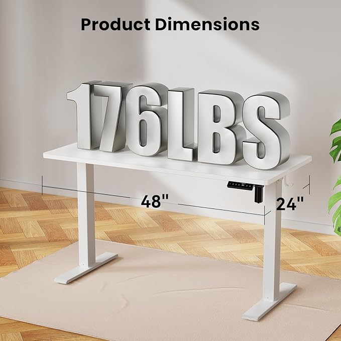 48x24 Inches Height Adjustable Electric Standing Desk with 2 Hooks for Home Office Ergonomic Sit Stand up Desk with Splice Board White