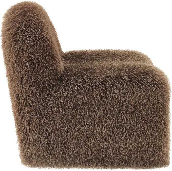MAKLAINE Contemporary Faux Fur Upholstered Accent Chair Brown Shaggy Fabric Rounded Low-Profile Armless Design Sled Base with Non-Marking Foot Caps Living Room or Bedroom Seating
