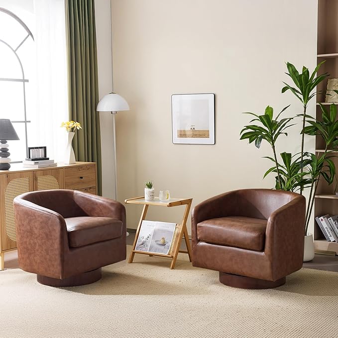 VINGLI 360°Swivel Accent Chairs Set of 2 with Engineered Wood Base and Removable Cushion for Living Room Bedroom Curved Back Barrel Chairs for Small Space Upholstered Bucket Armchairs Pu-Brown