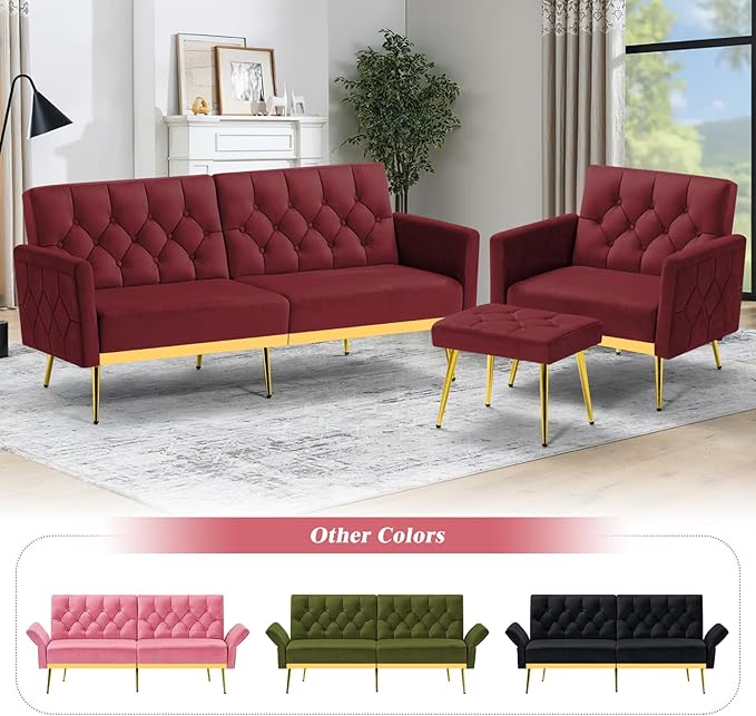 Velvet Sofa Bed w/Adjustable Armrests &amp Backrests Modern Convertible Sleeper Sofa Tufted Futon Sofa for Bedroom Living Room Apartment Red