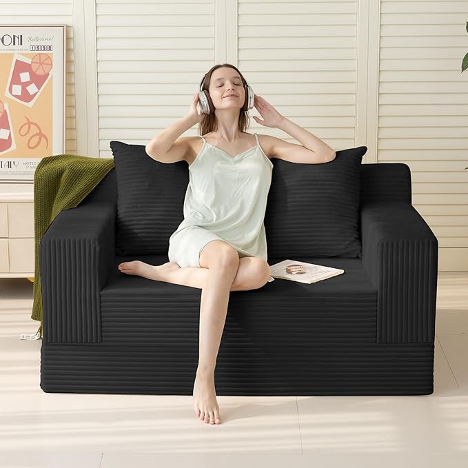 Loveseat Boneless Convertible Sofa Bed Folding Floor Futon Sleeper Sofa Couch Bed- Boneless Foldable Couch Corduroy Pull Out Sofa Bed with 2 Pillows for Living Room &amp Bedroom