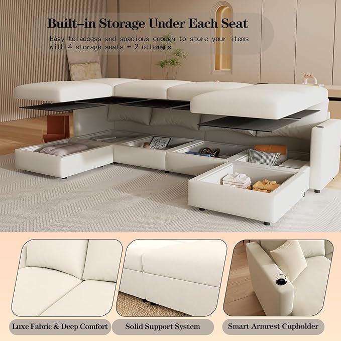 123 Large Modular Sectional SofaModern U-Shaped Sectional couch with Storage6-Seater Deep Seat Chenille Fabric Sofa for Living Room L-Shape Convertible with Movable Ottoman &amp Cup Holders (Whit
