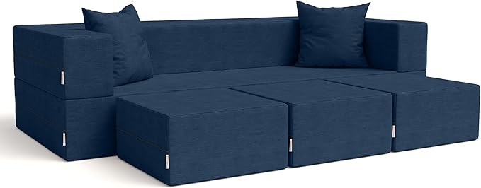 Jaxx Zipline Convertible Sleeper Sofa &amp Three Ottomans/California King-Size Bed Textured Microvelvet - Indigo