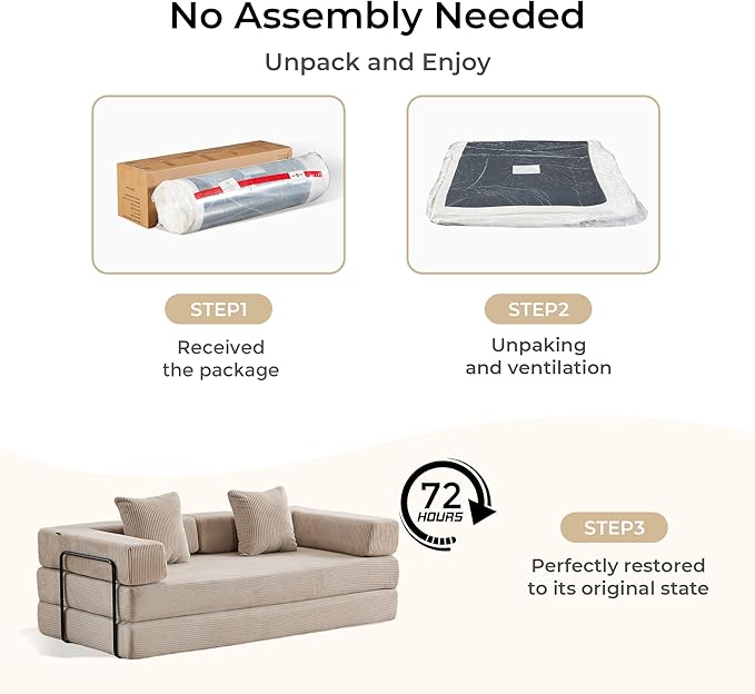 WELAX 77 Convertible Sleeper Sofa Bed Boneless Cloud Queen Futon Couches with 2 Pillows &amp Removable Armrests Corduroy Folding Floor Couch No Assembly for Bedroom Living Room Light Grey