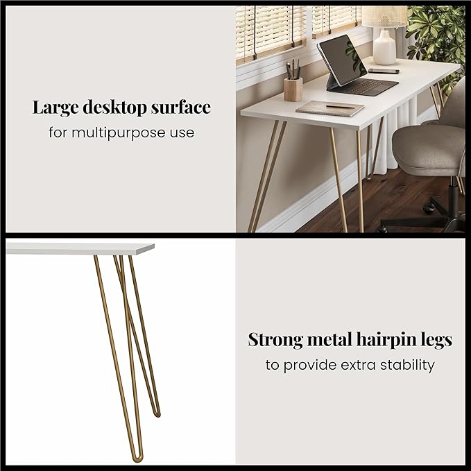 Writing Desk White and Gold - Minimalist Industrial Hairpin Leg Desk Sturdy Engineered Wood Desktop Compact Home Office Study Table Laptop Workstation