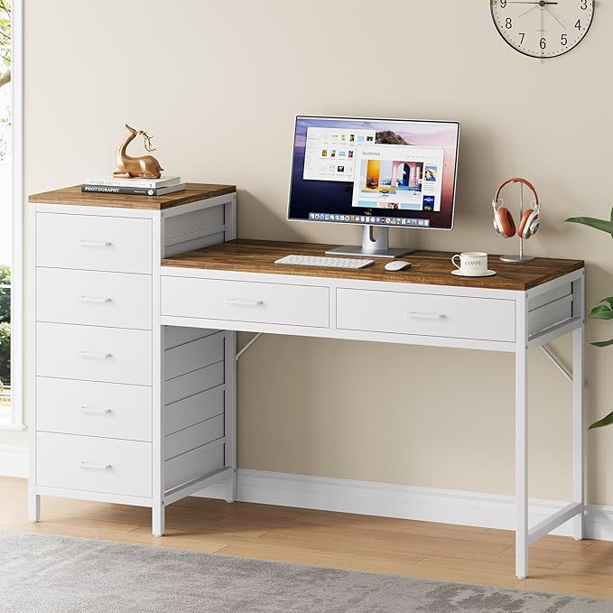 Computer Desk with Reversible Drawer 55 inch Home Office Desks with 7 Drawers Modern Compact Study Writing Table Workstation with Storage for Small Spaces Light Brown and White