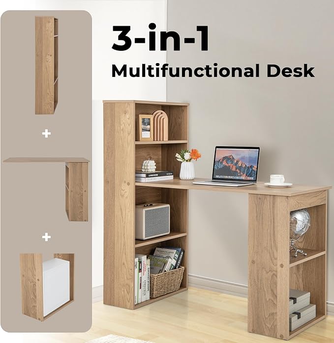 Giantex 48 Inch Computer Desk with Bookshelf 3-in-1 Home Office Desk with 4-Tier Bookcase &amp CPU Stand Space-Saving Reversible Writing Desk Work Table for Bedroom Study Room Office (Natural)