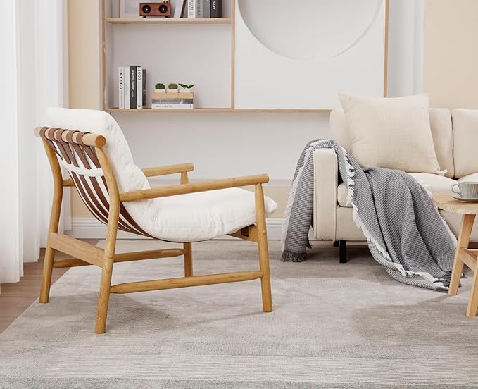 Kmax Modern Sling Accent Chair Mid-Century Faux Fur Living Room Chair Soft Comfy Lounge Chair Solid Wood Frame Chair with Armrest for Bedroom Reading Room Backyard White