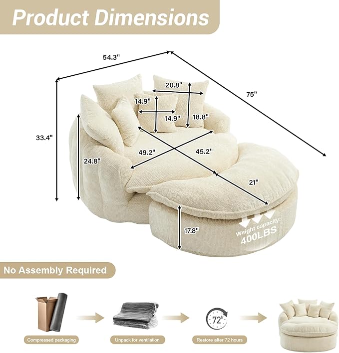 54 Round Chaise Lounge with Ottoman Big Bean Bag Round Sofa Bed Oversized Round Couch Boneless Reading Chair Comfy Plush Chenille Large Chaise Chair for Living Room Apartment Beige