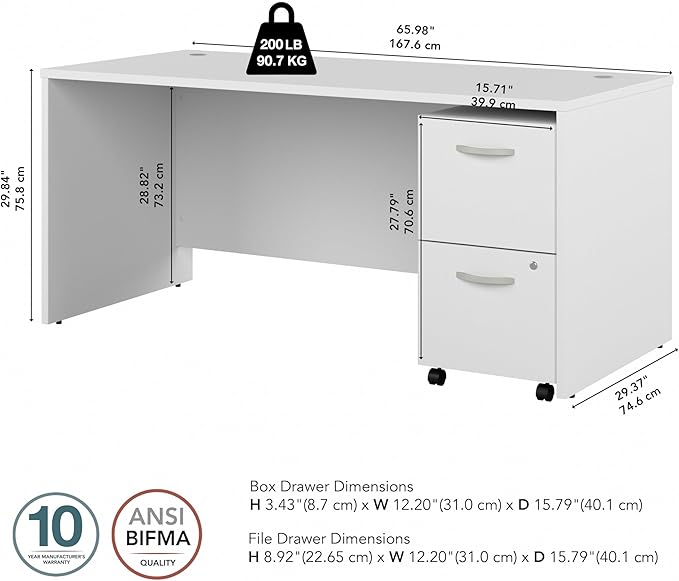 Bush Business Furniture Studio C 66W x 30D Office Desk with 2 Drawer Mobile File Cabinet in White