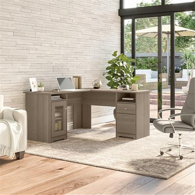 BOWERY HILL 60W L Shaped Computer Desk Ash Gray Finish 59.45x59.45x30 in Durable Wood Built-in Wire Management Fluted Glass Door Storage Cabinet Box and File Drawers Home Office Desk