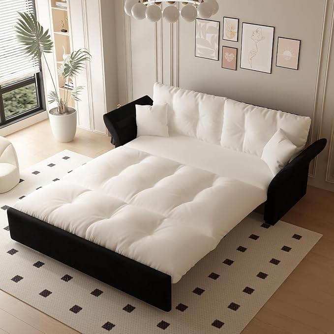 74.8 Queen Size Futon Sofa Bed Love Seat Sleeper Bed Small Space Sleeper Sofa Couch with Pullout Bed 3 in 1 Velvet Futons Convertible Sofa Bed for Living Room Apartment Beige
