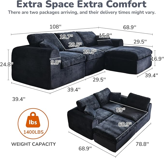 108 Cloud Sectional Couches for Living Room Convertible L-Shape Boneless Couch with Ottoman 3 Seater Modular Cloud Sofa with Deep Seat (Black 3 Seater + 1 Ottoman)
