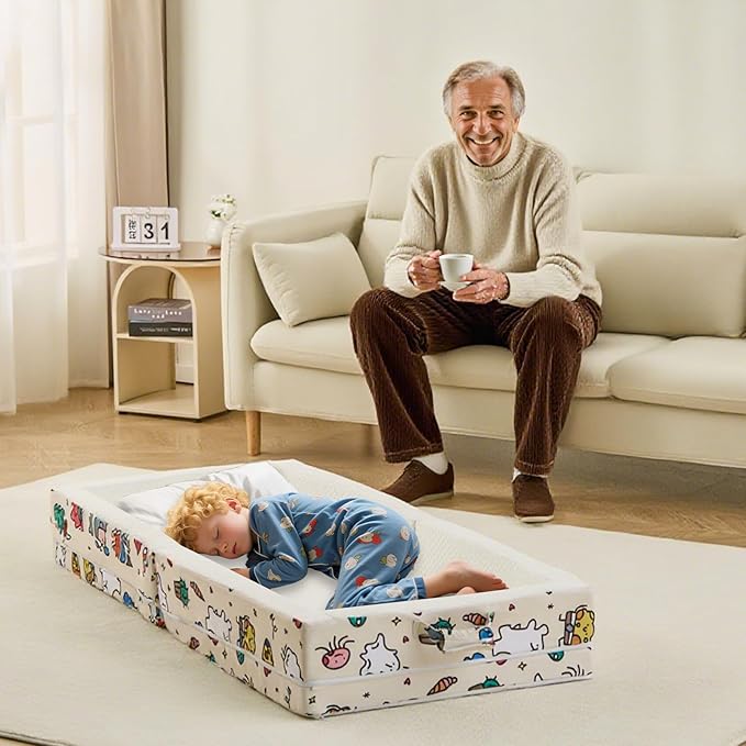 Portable Foldable Toddler Travel Bed – Air Layer Fabric Soft Foam Floor Crib with Safety Rails No Assembly Washable Cover Compact Kids Sleep Solution for Home Trips &amp Daycare Cream
