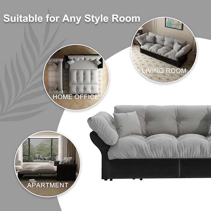 74.8‘’ Velvet Queen Pull Out Sofa Bed with 2 Pillows 3-in-1 Convertible Loveseat Sleeper Sofa Couch with Armrest Space Saving for Living Room Apartment Gray