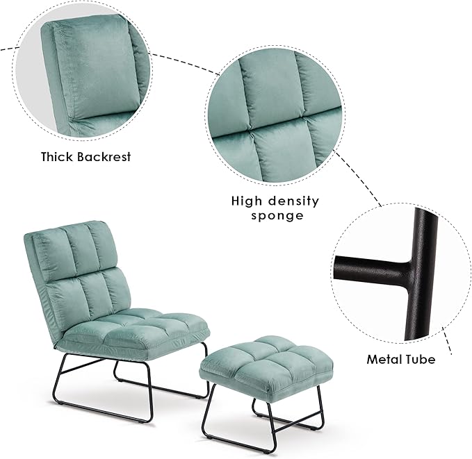 MCombo Velvet Accent Chair with Ottoman Set Modern Armless Chair for Living Room Bedroom Small Space 0014 (Velvet Light Green)