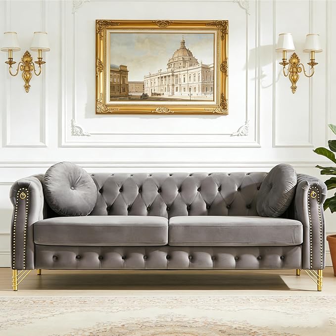 82 Comfy Chesterfield Sofa with Rolled Arms &amp Pillows 3 Seater Retro Velvet Couch Mid Century Modern Love Seat with Gold Trim and Legs Soft Deep Seat Tufted Couches for Living Room (Grey)