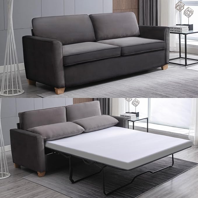 70 Full Size Pull Out Sofa Bed 2 in 1 Sleeper Sofa Couch Bed Velvet Modern Convertible Guest Loveseat Sofa Couch Beds Mattress Cushions Pillow Include for Home Apartment Office Dark Grey