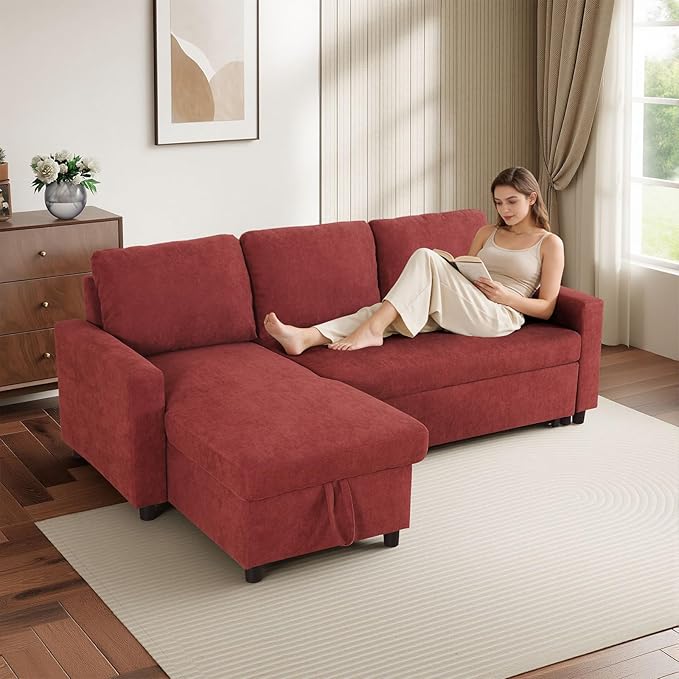 L-Shaped Sleeper Sofa with Chaise Lounge &amp Storage Pull-Out Couch Bed with Recliner Full Size Futon for Living Room Office Apartment Red