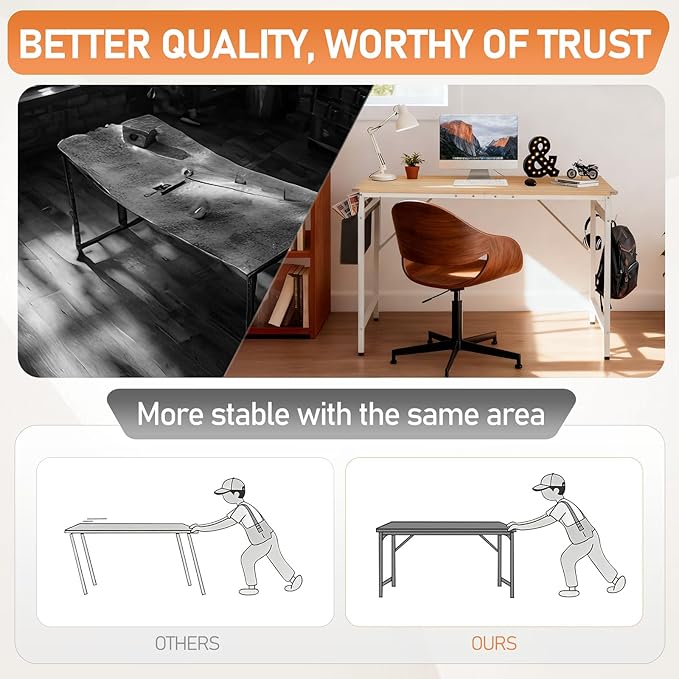 VINGLI 47 Inch Computer Office Modern Simple Gaming Desk with Side Fabric Drawer &amp Hook Up Wear-Resistant Surface Writing Desk Work Desk for Bedroom Living Room Oak