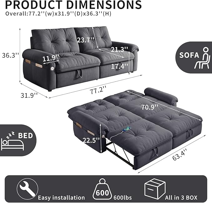 Queen Size Sleeper Sofa Couch with Pullout BedConvertible Pull Out Adjustable Backrest for Small SpacesApartment Guest Room (3820GREY)