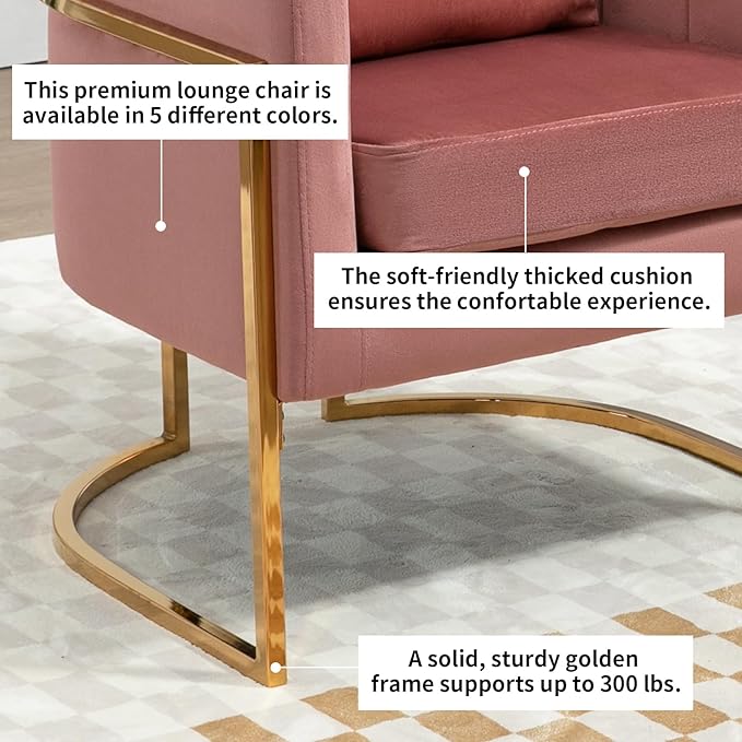 Velvet Modern Accent Chair Upholstered Barrel Armchair Mid Century with Pillow for Living Room Comfy Single Vanity Chair with Metal Gold Legs for Bedroom Pink
