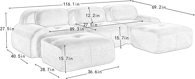 116 Modern Corduroy Cloud Sofa with Ottoman U Shaped Boneless Modular Large Sectional Couches for Living Room Camel 3 Seater Compressed Memory Foam Couch Extra Deep Seat No Assembly