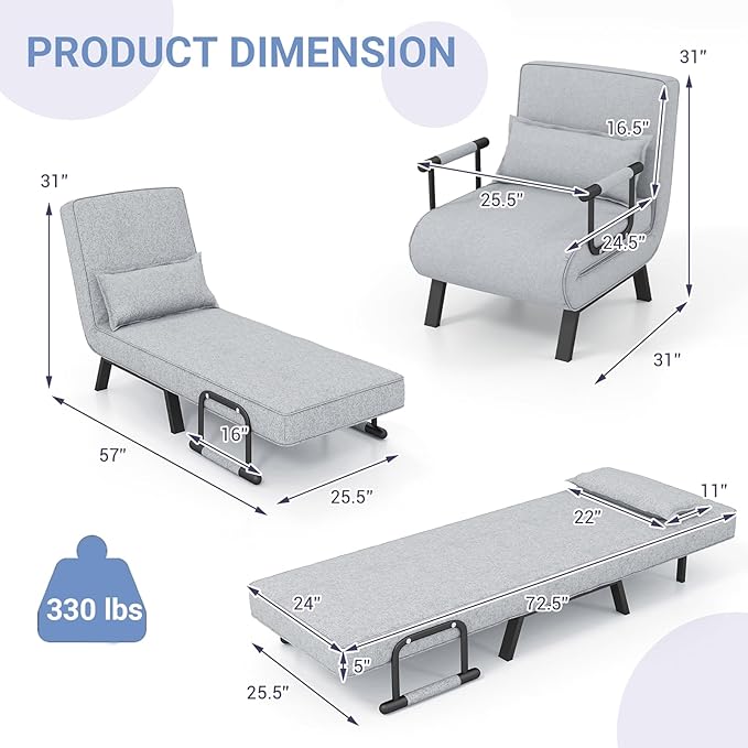 POWERSTONE Convertible Sleeper Chair Bed 4 in 1 Living Room Reading Chair with Pillow Wide Cushion Arm and Adjustable 5 Position Backrest Single Sofa Bed Light Grey