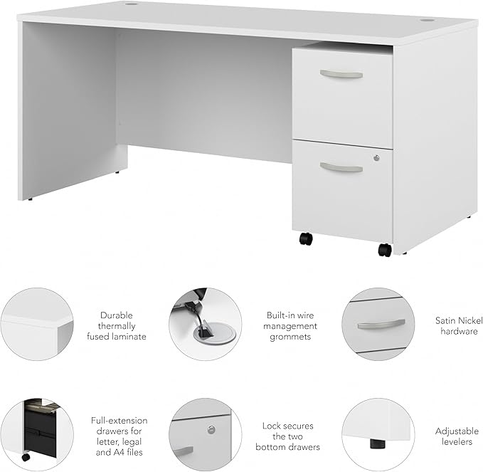 Bush Business Furniture Studio C 66W x 30D Office Desk with 2 Drawer Mobile File Cabinet in White