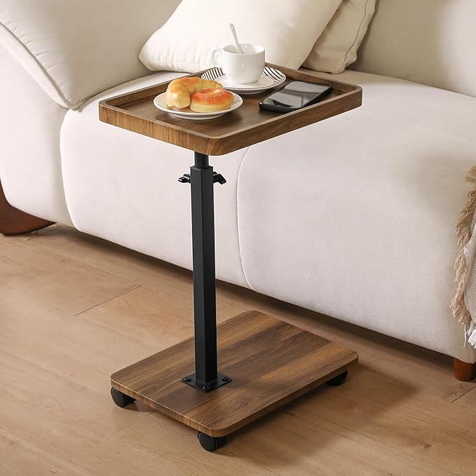 Adjustable Height Couch Tables That Slide Under Sofa 360° Swivel Modern Tv Tray Table with Wheel C Shaped End Table for Couch C Table for Small Place Perfect for Livingroom Bedroom