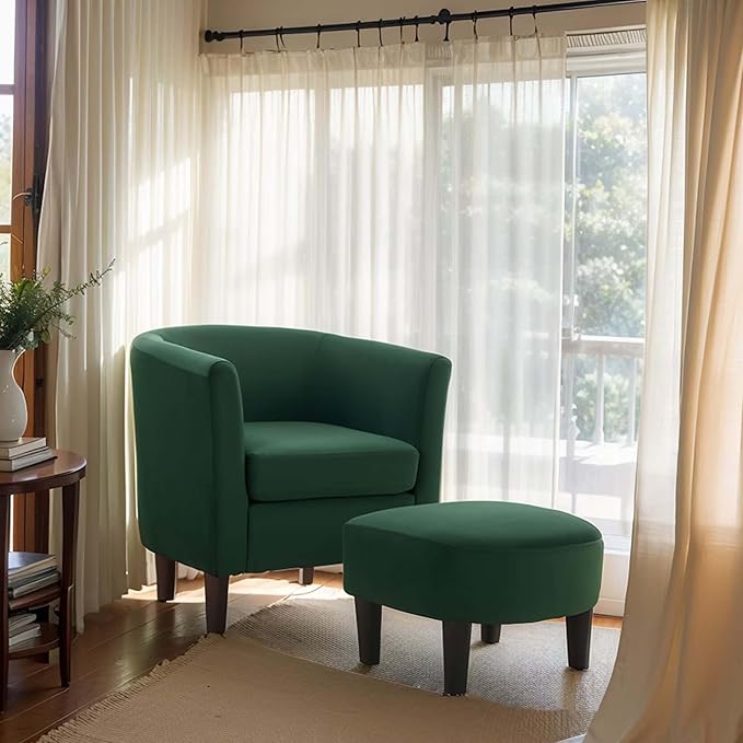 Green Swivel Accent Chair with Ottoman 360° Barrel Chairs with Foot Stool Comfy Reading Chair with Removable Pillow &amp 2 Armrest Covers for Living Room Small Spaces Bedroom (Dark Green)