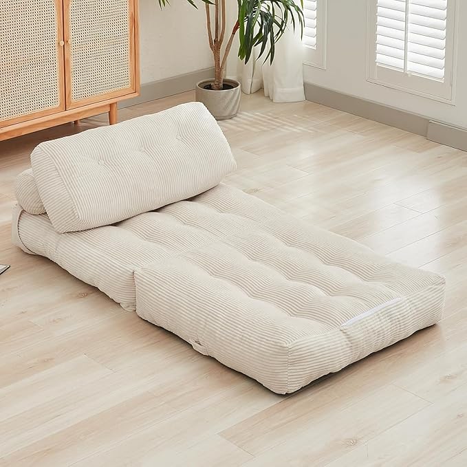 ijuicy Folding Sofa BedCorduroy Futon Sofa Bed Convertible Sleeper Chair with Pillow Foldable Mattress with Back Support Floor Couch for Adults for Living RoomNo Assembly（Beige/Single）