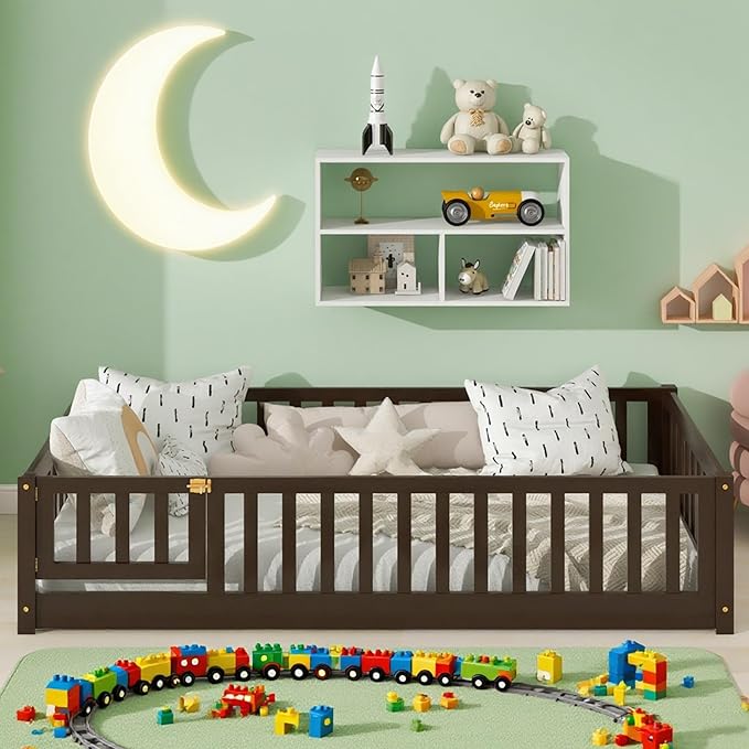 Bellemave Twin Floor Bed Frame with Slats and Safety Guardrail Wood Twin Size Montessori Floor Bed with Door and Fence Easy Assemble Montessori Beds for Kids Girls Boys Espresso