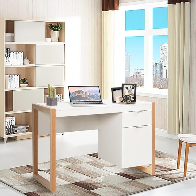 MAT EXPERT 44” Computer Desk White Desk w/Drawer &amp Storage Cabinet for Study Work Makeup Modern Writing Desk PC Laptop Office Table for Bedroom Small Corner Home Office