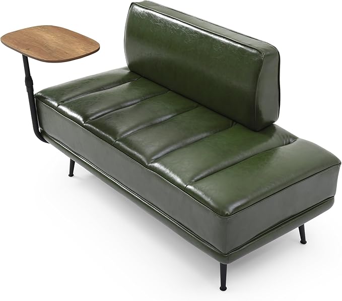 Modern Upholstered End of Bed Bench with 360-Degree Swivel Tray 2 Seater Sofa Couch with Side Table Settee Bench with Metal Legs Backrest for Living RoomEntrywayFoyer (PU-With Tray Green)