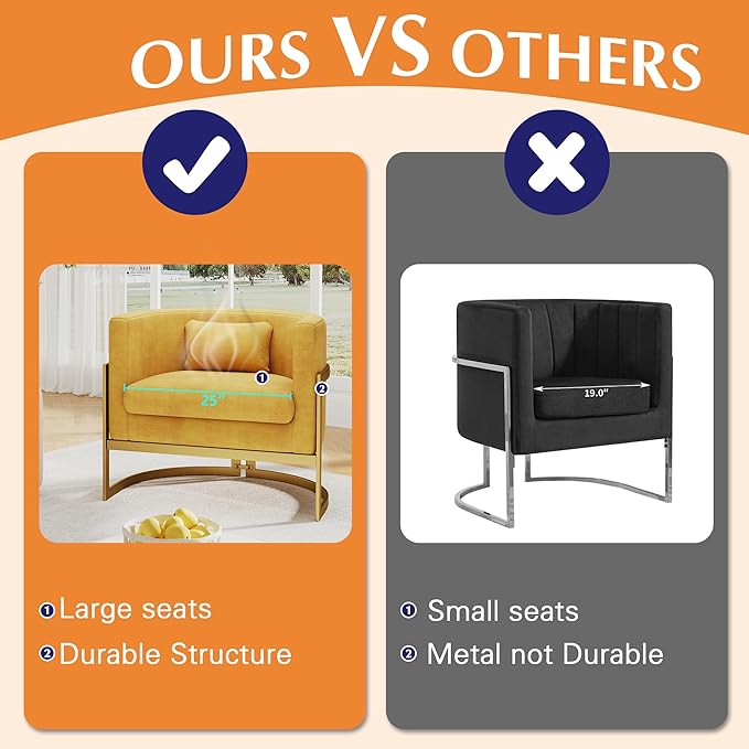 Alunaune Upholstered Velvet Living Room Chair Barrel Accent Chair Modern Armchair Mid Century Lounge Chair Sofa Tub Bucket Club Side Chair for Bedroom-Yellow