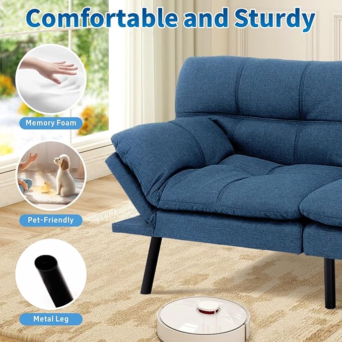 MUUEGM Futon Sofa Bed 71 Convertible Linen Memory Foam Couch Bed Modern Backrests Armrests Love Seat for Living RoomApartmentOfficeBlue Sleeper Couch