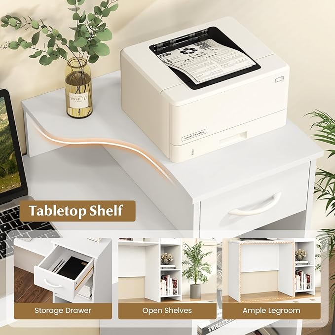 COSTWAY Computer Desk with Printer Shelf Modern PC Workstation with Storage Drawer and CPU Stand 40.5” Writing Desk with Cable Hole for Home Office/Dorms/Apartments White