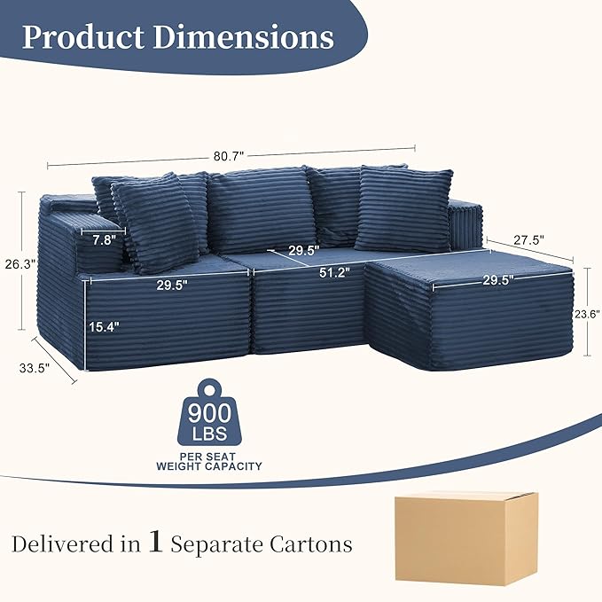 80 Cloud Modular Sectional Sofa with L-Shaped Boneless Couches for Living Room Fluffy Comfy Corduroy Deep Seat with Ottoman Bedroom Apartment No Assembly Required