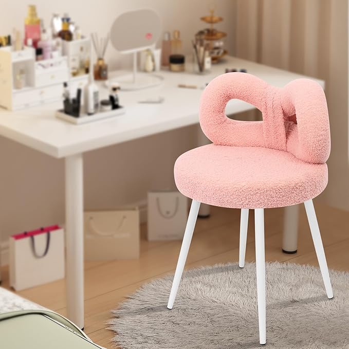 Girls Desk Chair | No Wheels Make up Vanity Chair w/Cute Bow Backrest Comfy Lambswool Fabric Makeup Chair for Bedroom Living Room Upholstered Accent Chair Desk Chair Stool for Girls (Pink)