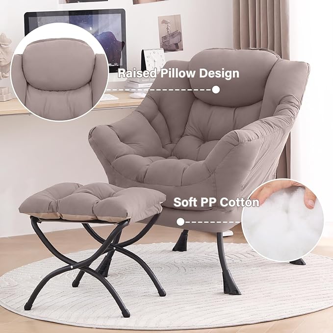 Tiita Lazy Chair with Ottoman Khaki Modern Large Accent Chair Comfy Leisure Sofa Armchair with Ottoman Reading Chair with Footrest for Bedroom Living Room Dorm Rooms Khaki