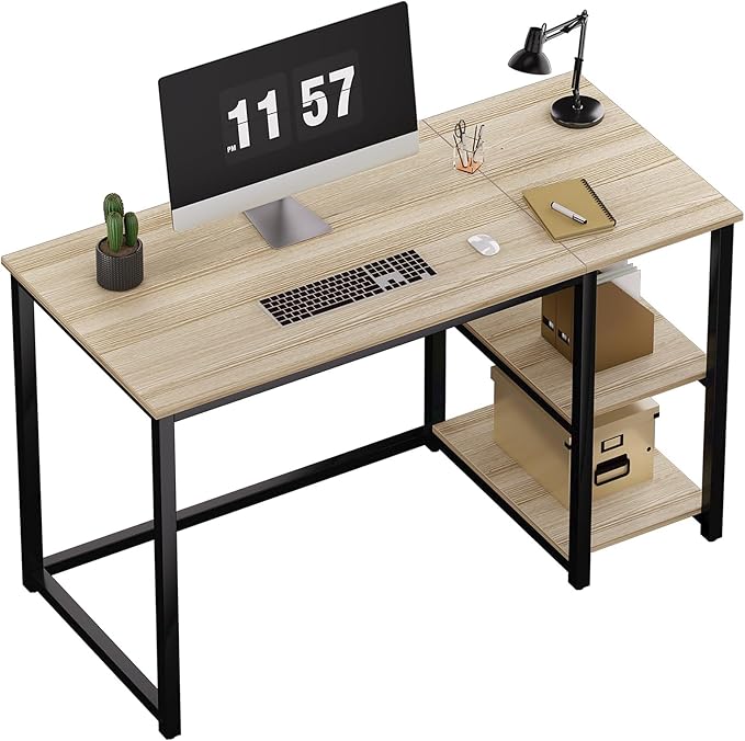 SINPAID Computer Desk 47 inches with 2-Tier Shelves Sturdy Home Office Desks with Large Storage Space Modern Gaming Desk Study Writing Laptop Table Oak