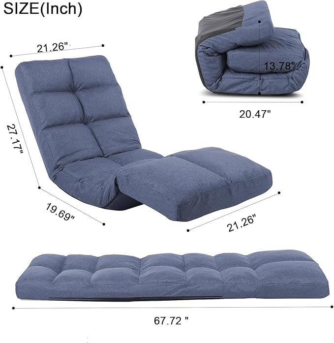 Floor Recliner with Adjustable Footrest - 14-Position Backrest &amp 5-Level Footrest for Ultimate Relaxation Foldable Linen Chaise Lounge Chair for Living Room (Blue)