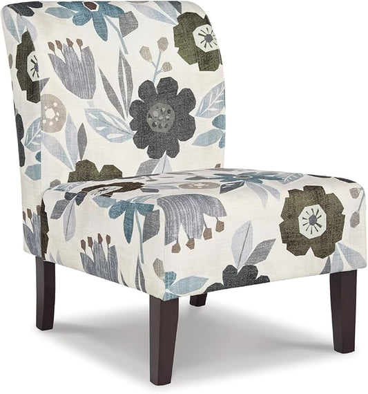 Signature Design by Ashley Triptis Floral Armless Accent Chair with Attached Cushions Fabric Upholstery Wood Legs 16.63 Seat Height White Blue &amp Gray